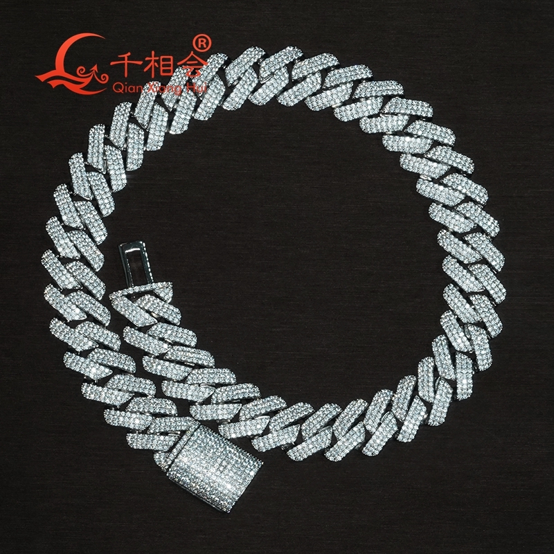 Necklace 12-18mm 925 Silver 3 rows Cuban Link Iced Out Hip Hop white round Moissanite Chain Jewelry for Women Men Gifts