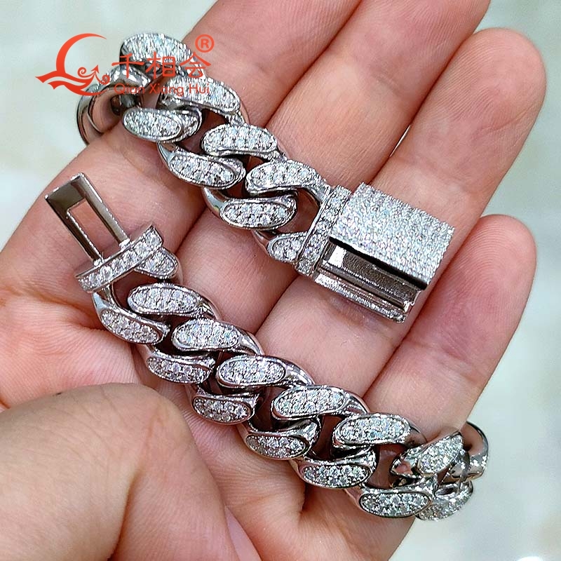 12mm half-moon kidney S925 silver Cuban chain bracelet moissanite diamonds hip-hop style perfect for Miami-inspired fashion.
