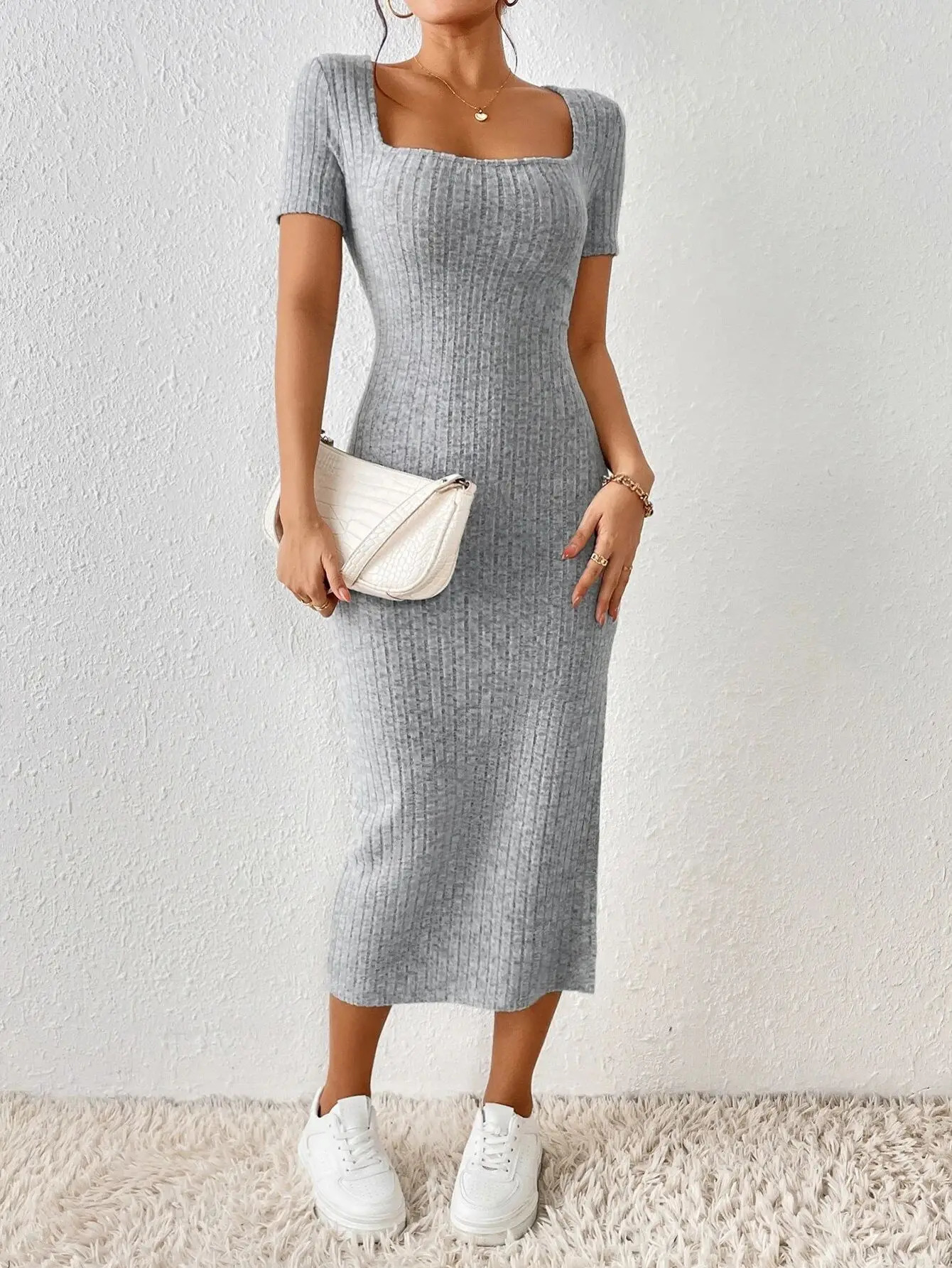 Sexy split style fashionable womens short sleeved slim fit square neckline solid summer body casual office elegant vest 250320