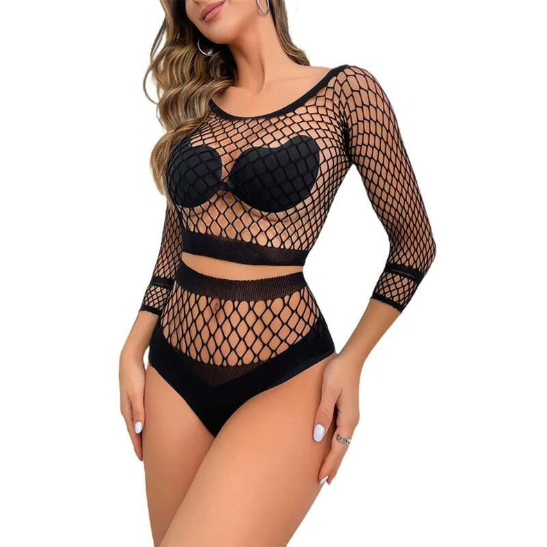 higher quality New European American sexy underwear female sense transparent hollow up and down two sets of net clothes flirting uniform pamas