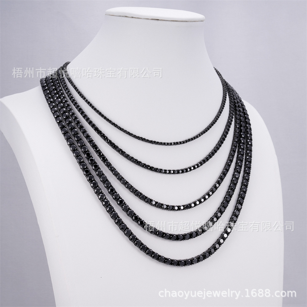 New product 925 silver black moissanite 2mm-5mm personalized tennis necklace hip-hop fashion mens and womens jewelry straight