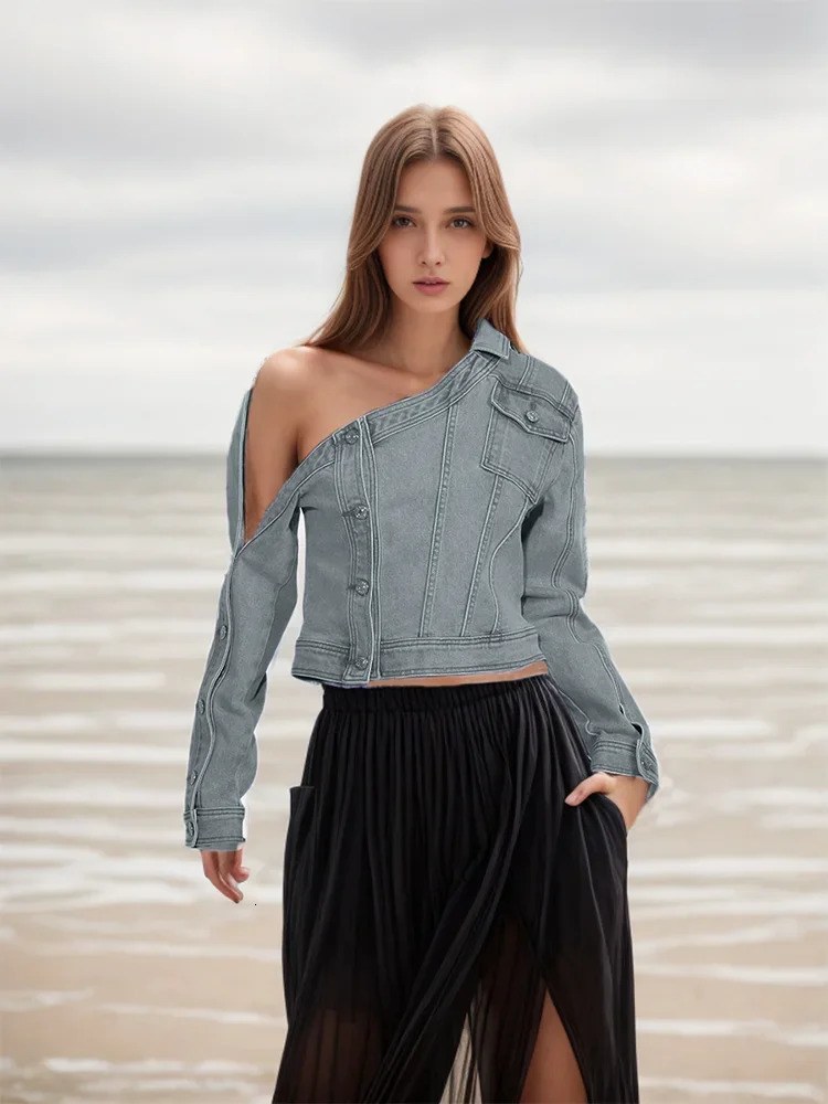 Fashionable womens denim T-shirt single shoulder stand up collar jeans short sleeved jacket long sleeved spring button retro ultra-thin denim T-shirt 