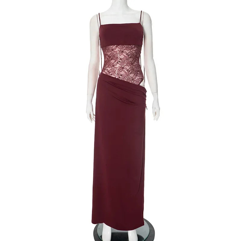 Mesh Perspective Y2K Lace Maxi Long Beach Dress Hollow Womens Summer Sleeveless Backless Tight 250320