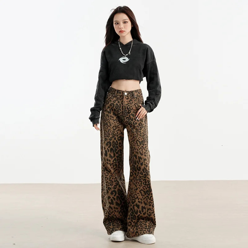 #2640 Streetwear Leopard Jeans Women Loose Vintage Straight Wide Leg Jeans Femme High Waisted Long Jeans Ladies Spring Autumn 250320