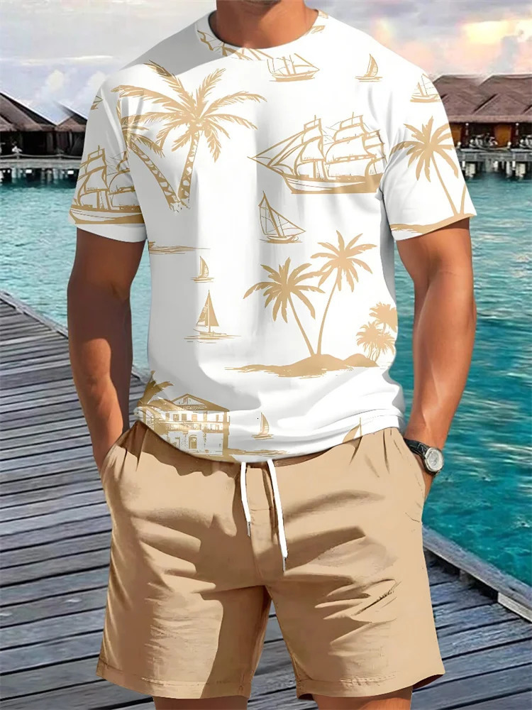 Summer 2-piece casual daily mens short sleeved shorts set Hawaii print mens T-shirt outdoor sports mens beach shorts set 250314