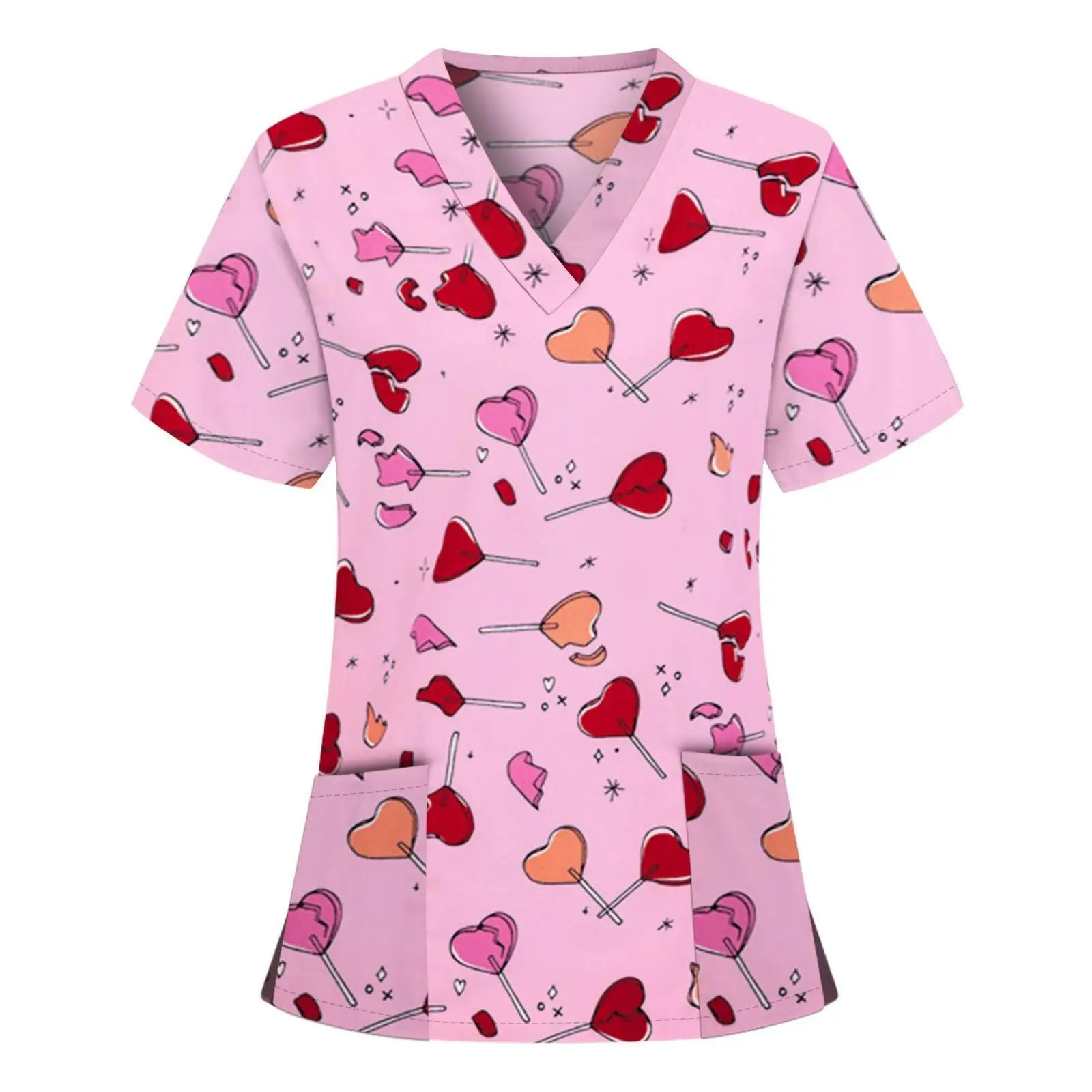 Women Working Uniform Animal Print Cartoon Cat Dog Short Sleeve V-neck Tops Femme Blouse Nurse work wear Uniforms 250320