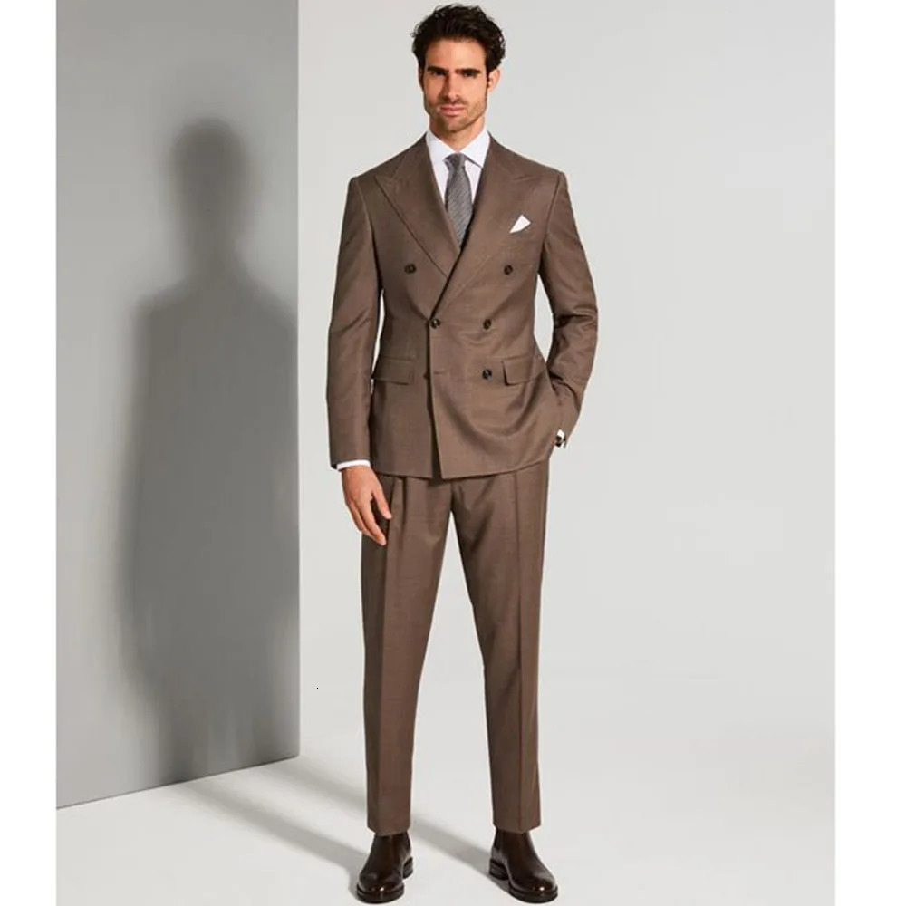 Smart High Quality Brown Mens Suits 2 Pieces Jacket Pants Double Breasted Costume Sets Formal Business Gentleman Male Clothing 250311