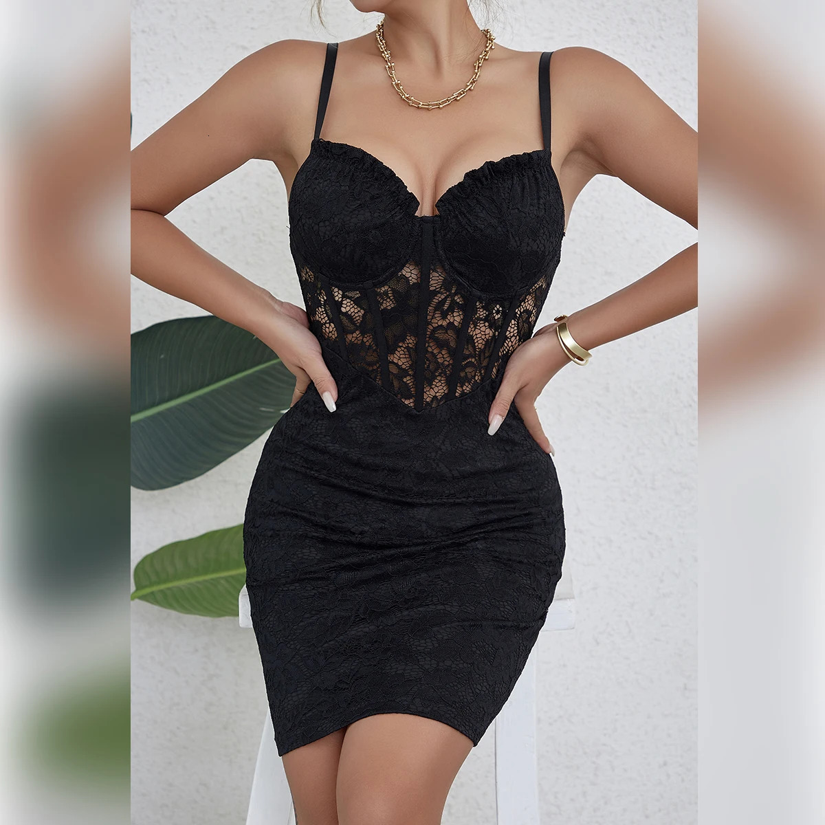 Black sleeveless backless Y2k leather crop lace sexy hollow mesh See Through VNeck Bodycon week party dress 250320