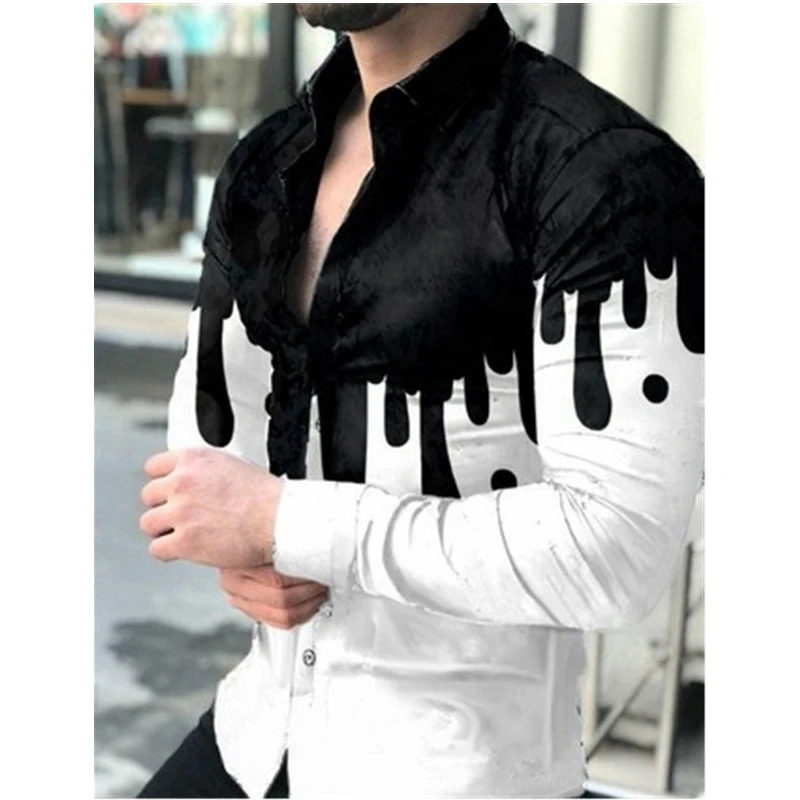 spaper Text Art Fashion Party Evening Dress Collar Button Shirt Casual Printed Long Sleeve Mens Sweater 250320