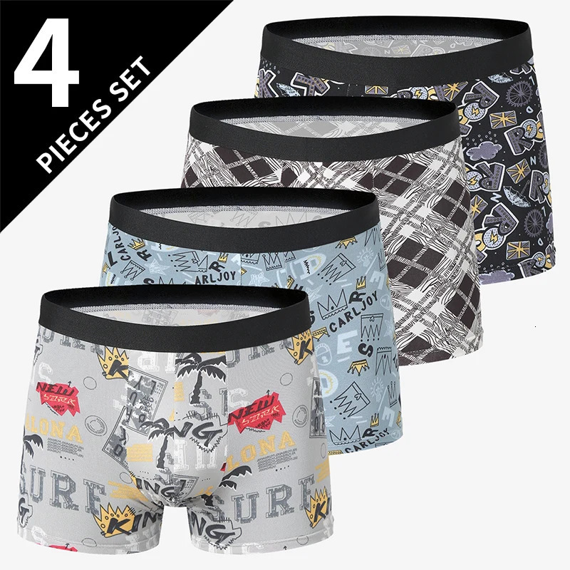 4 packs of mens fashionable printed boxer underwear in European and American sizes comfortable swim dry oversized shorts 250320