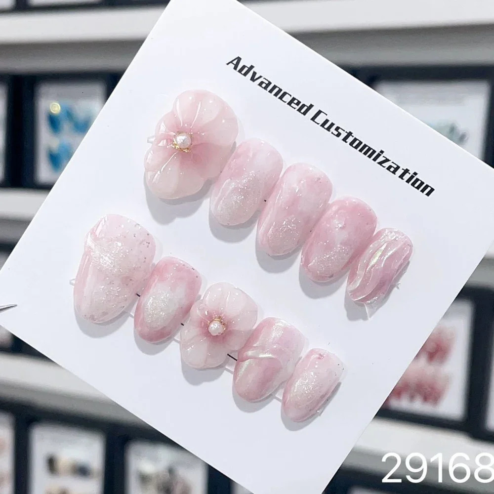 Handmade Pink Press on Nails Korean Y2k Fairy Short Reusable Adhesive False Nails with Acrylic Artificial Manicure Girls 250319