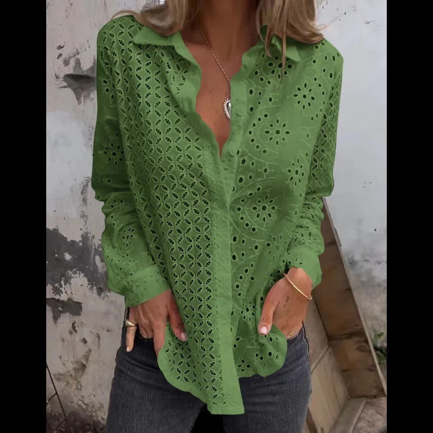 Fashion womens shirt lace flower hook hollow open button mesh top spring and summer chic shirt 250320