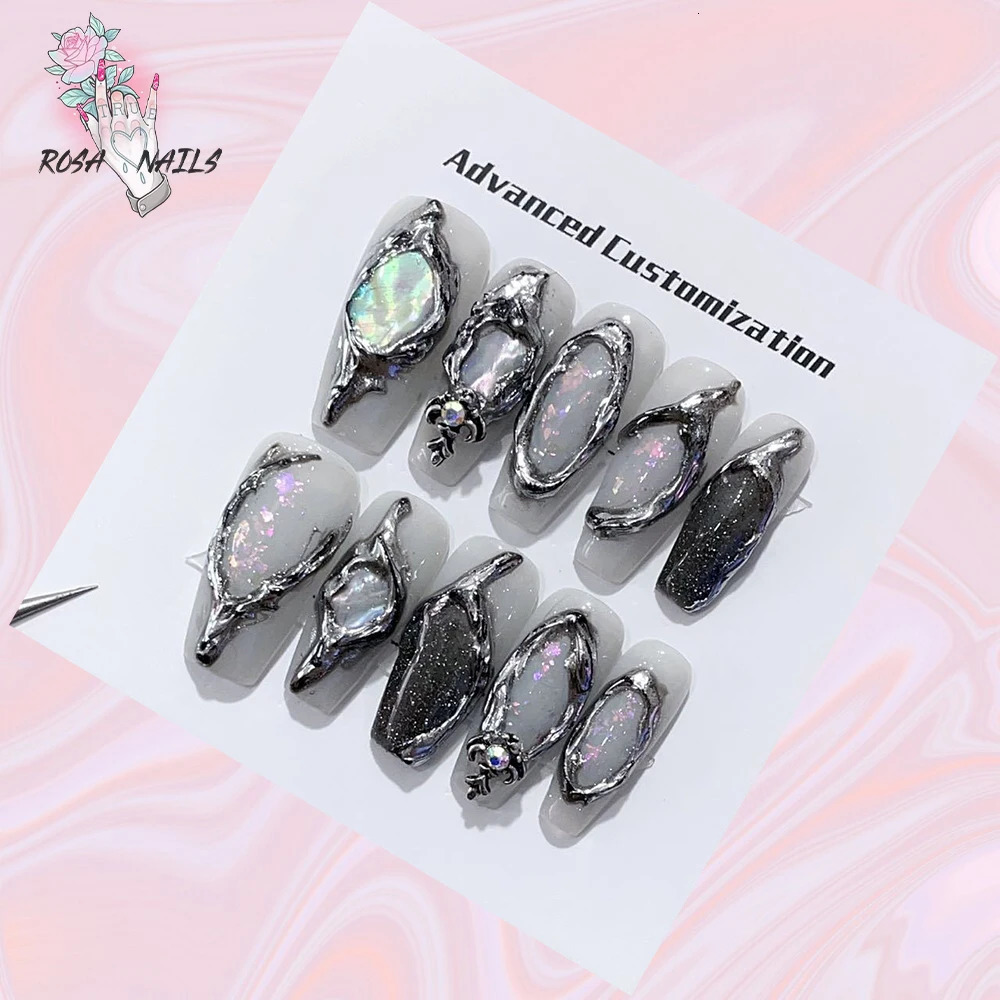 Fake Nails y2k Rainbow Discoloration Effect Handmade Tips Shine Chameleon Flakes Hologram Mirror Manicure Gothic Press on Nails 250319
