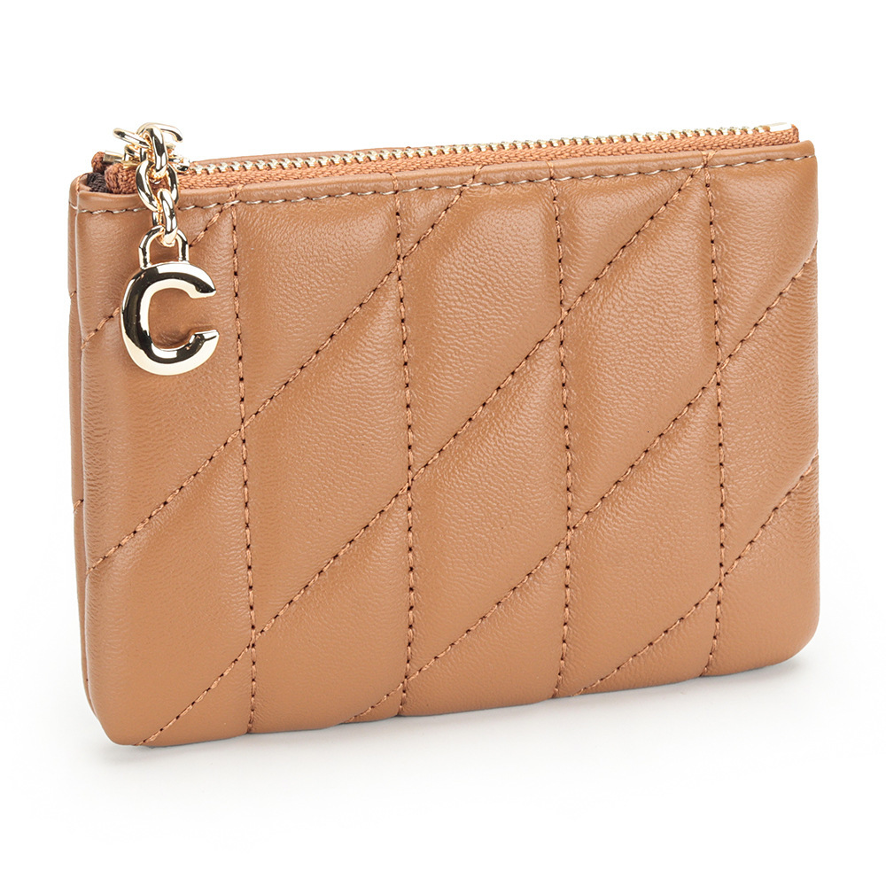 2025S Trend Designer Sheepskin Fashion Thin Zipper Women S New Genuine Leather Embroidered Grid Wallet Key Storage Small Bag