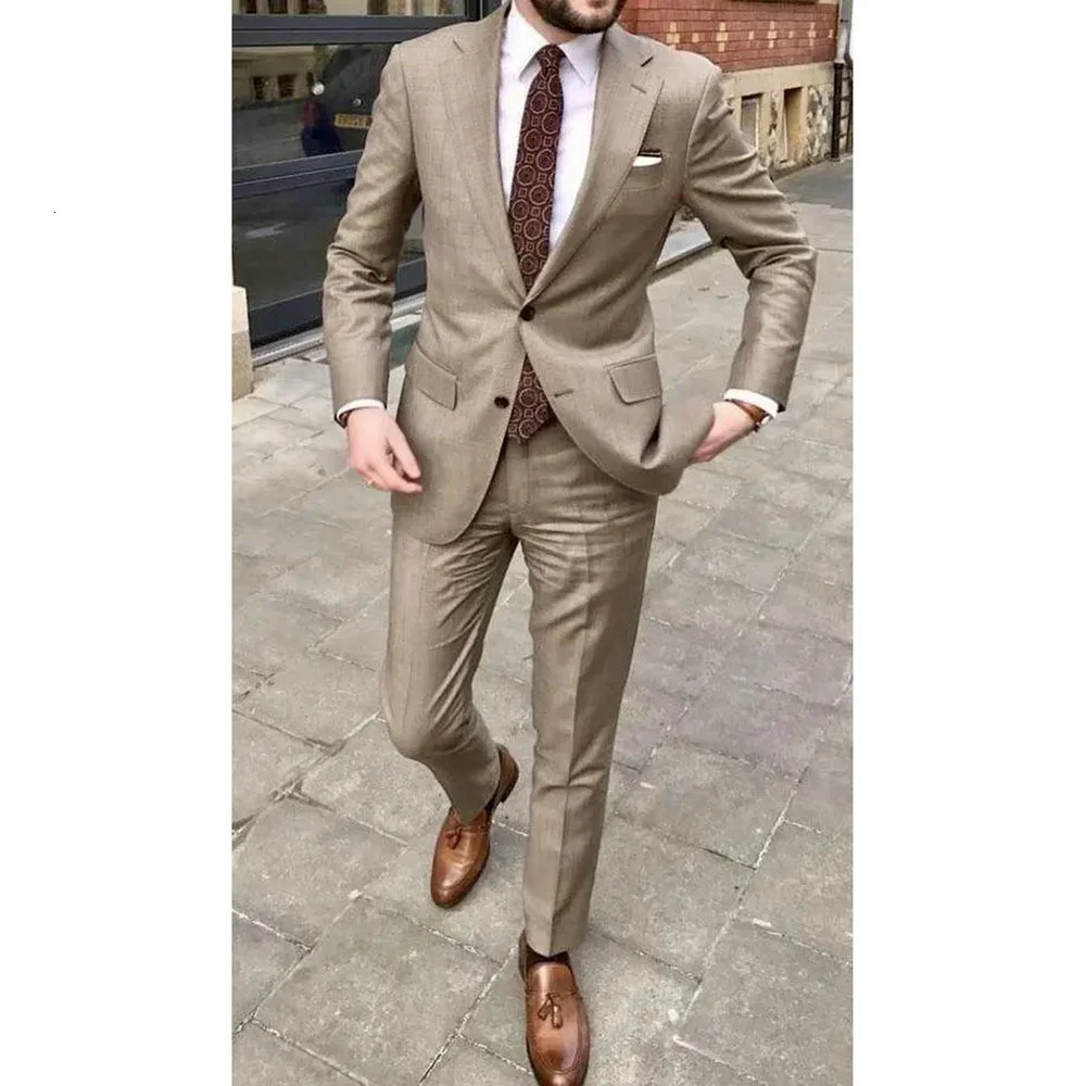 Slim Khaki Men Suits Two Pieces Summer Fashion Notch Lapel Single Breasted Outfits Chic Business Causal Wedding Set 250311