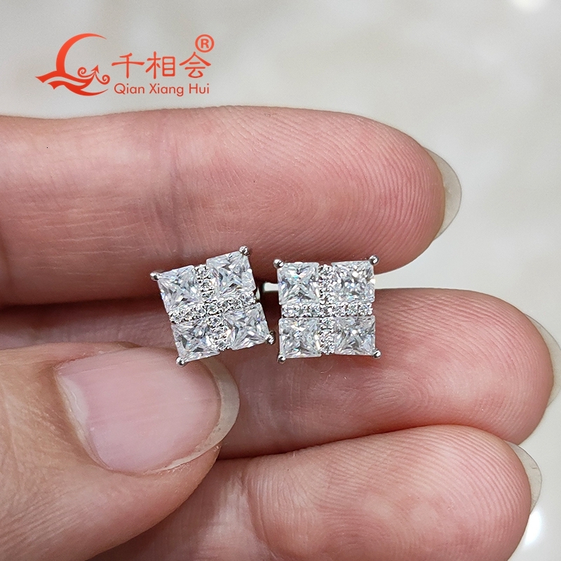 4pcs Melee Square Shape D VVS Moissanite Wedding Earrings Studs 7mm 925 Silver Jewelry Gift for Women Dating