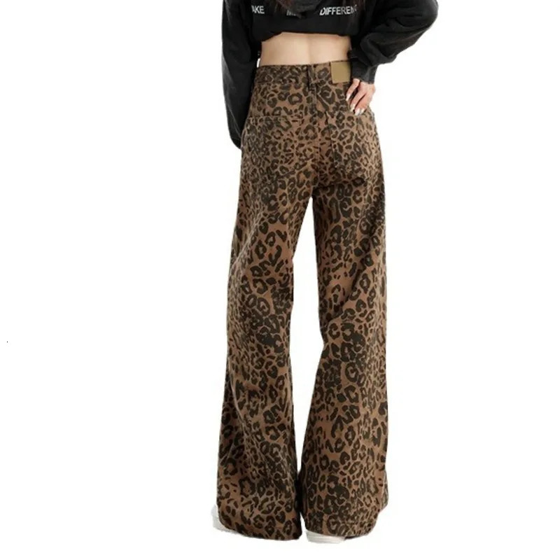 #2640 Streetwear Leopard Jeans Women Loose Vintage Straight Wide Leg Jeans Femme High Waisted Long Jeans Ladies Spring Autumn 250320
