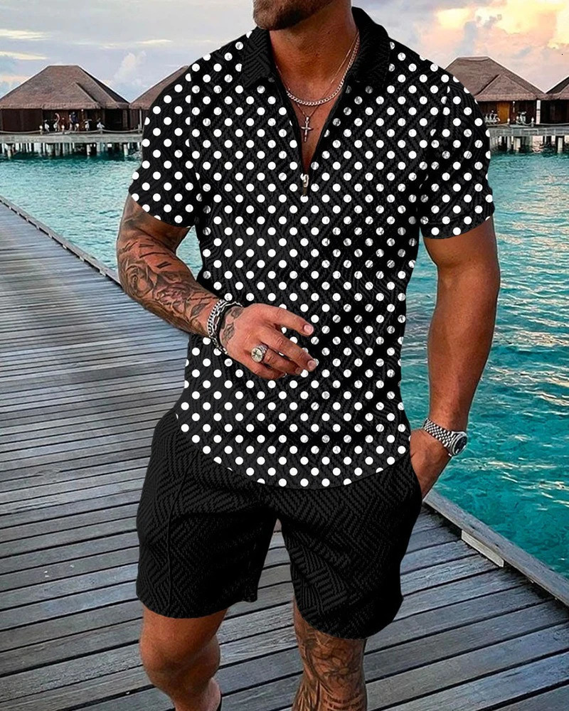 Summer Music Note 3D Printed Mens Zipper Collar Track Set Trend Polo Shirt Fashion Casual Shorts 2-piece Set Mens Street Clothing Set 250318