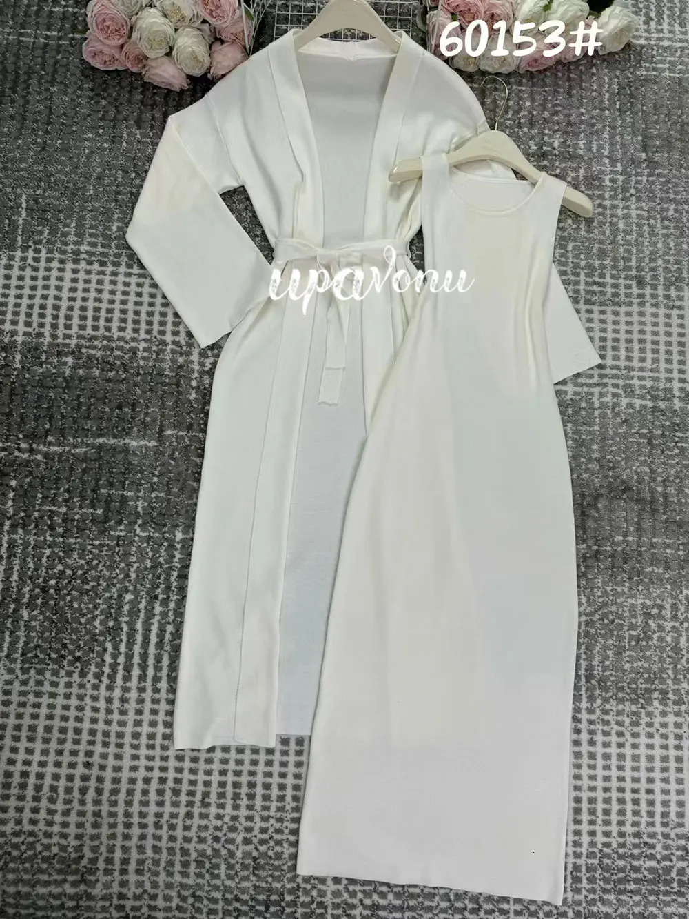 Womens Knitted Long Dress Sets with Polo Collar Long Sleeves Waistband Tie up Cardigan Long CoatSleeveless Dress Two Piece Set 250318