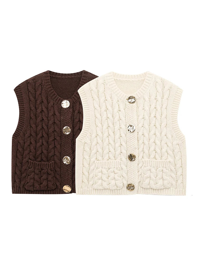 Vintage Women Sequined Buttons Cardigan Fashion Ladies Sleeveless Sweaters for Female Chic Clothes Cute Pockets Tops 250320