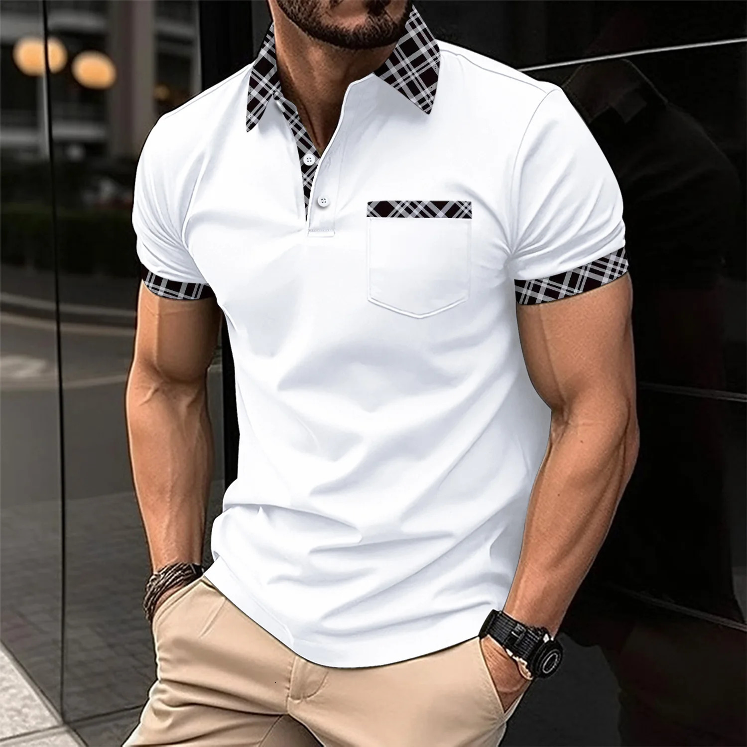 Summer selling fashionable mens polo shirt with checkered lapel buttons short sleeved casual and comfortable office clothing 250318