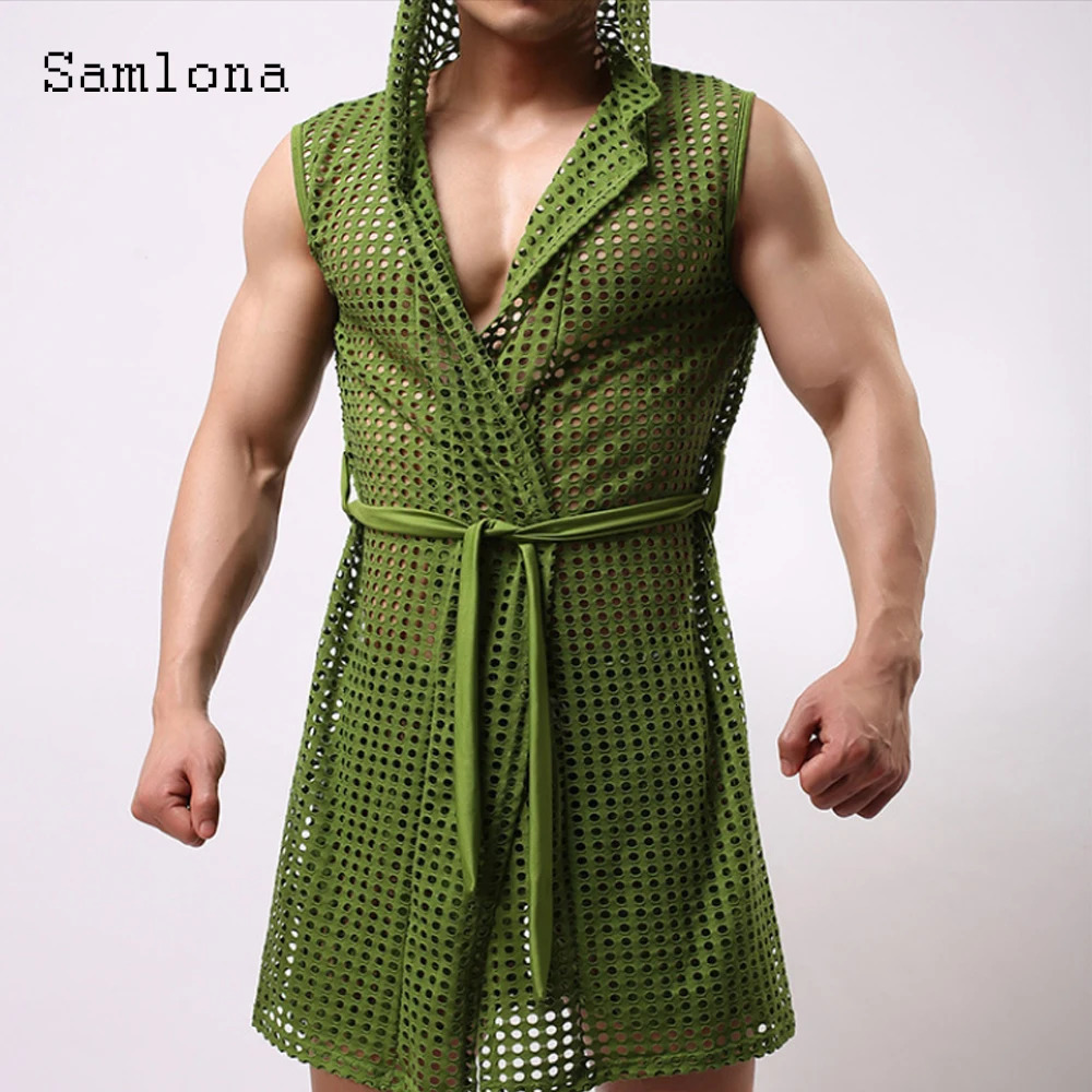 Sexy mens hollow vest sleeveless long vest European style casual beach shirt with open seam hooded T-shirt 250318