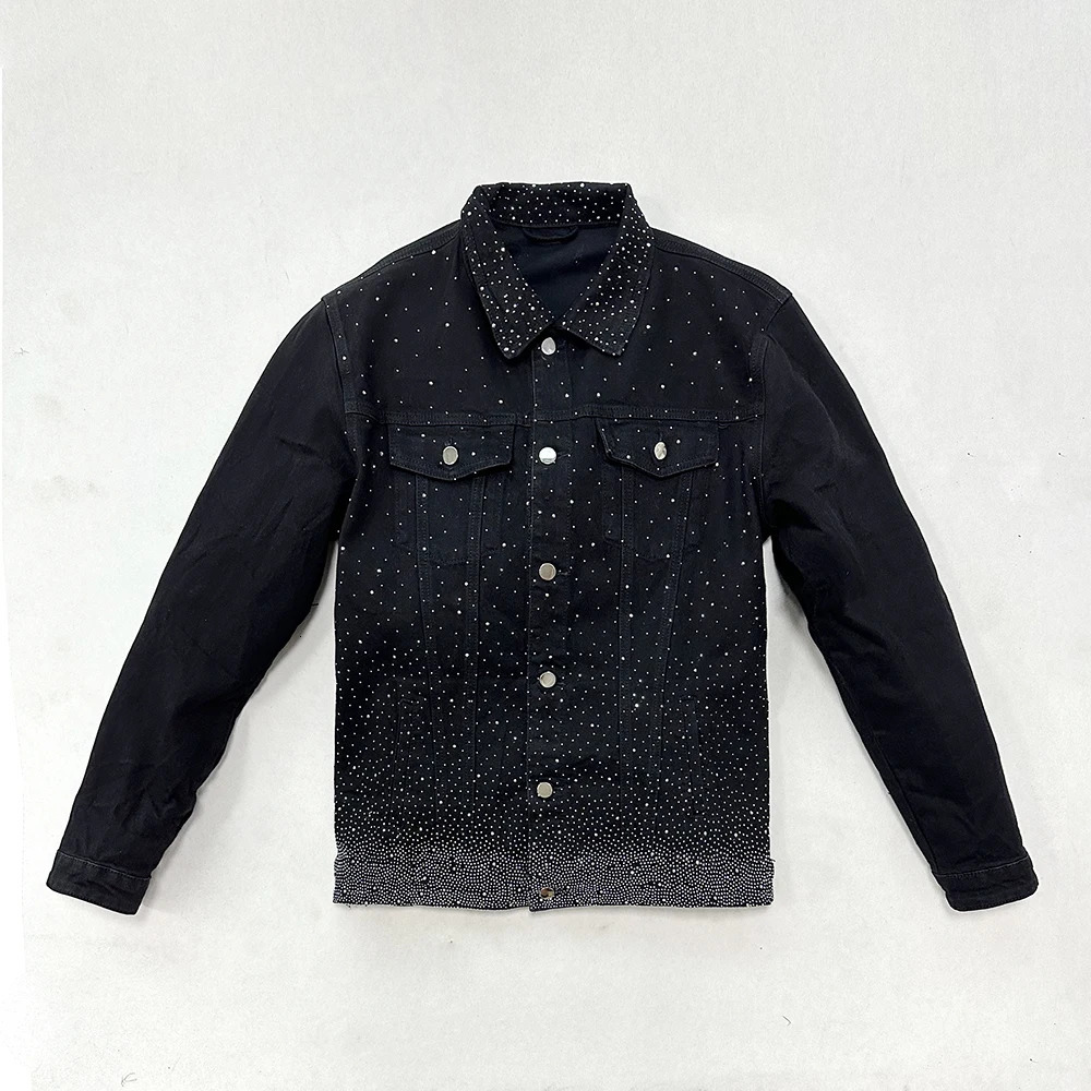 Original Black Denim Jackets For Men Slim Fit Stretchy Street Clothes Heat Press Rhinestone Males Jean Coat 250313