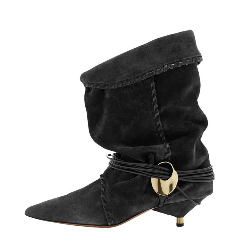 2025 pointed short for women with height increasing folds, two wearing niche frosted cat and western cowboy pile boots