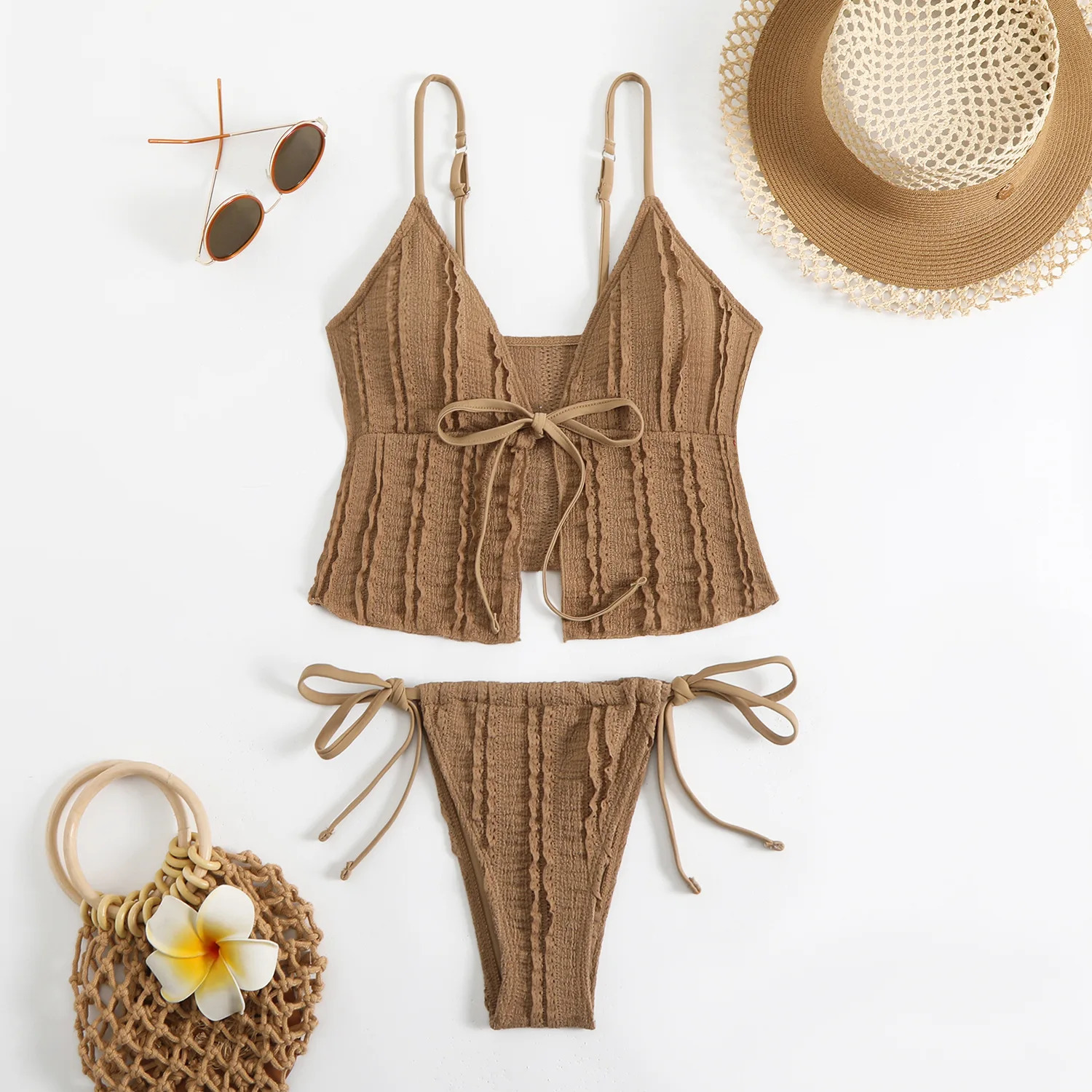 Sexy brown bikini 2025 two piece swimsuit womens thong set sweet tie top beach 250320