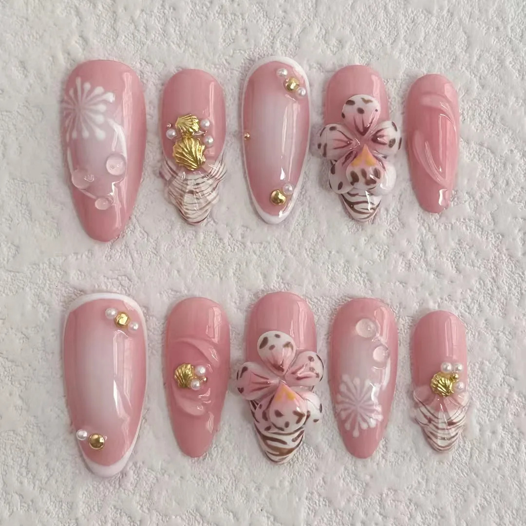 10 Pcs Press on Nails Handmade Nials INS Y2K Fake Nails with Nails File Pink 3D Flower Press on 250319