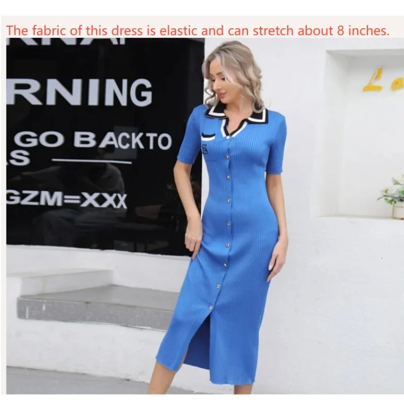 Korean Fashion Womens Knitted Midi Dress Short Sleeve Single Chest Aline Trend Elegant Office Retro 250320