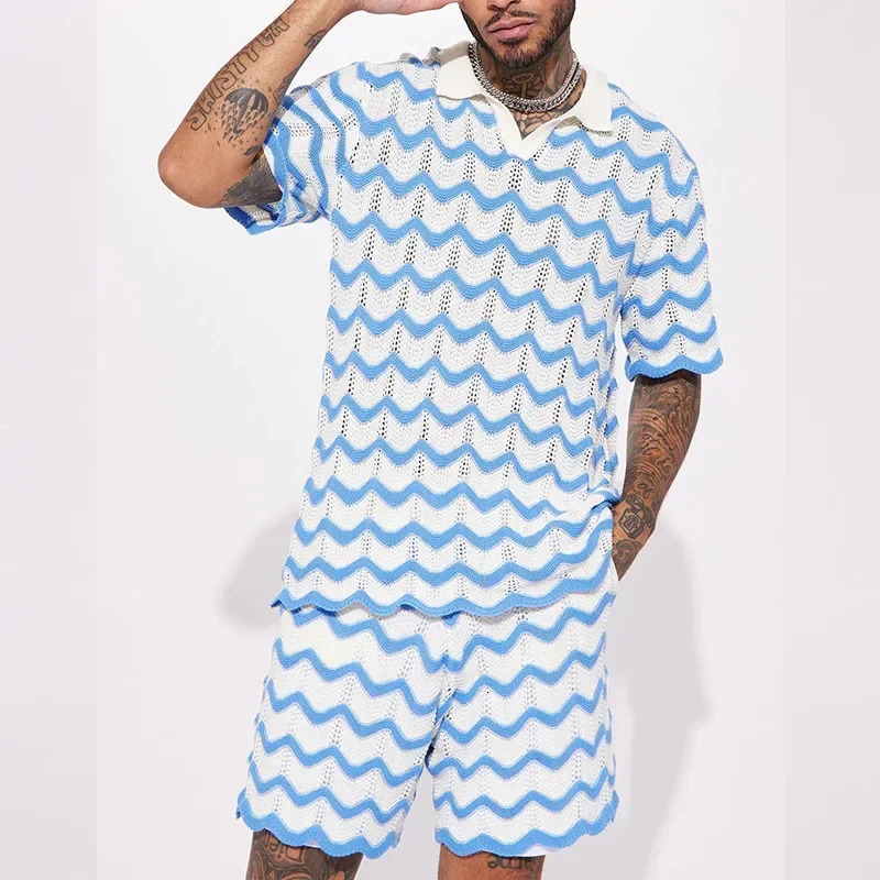 Summer Mens Knitted Fashion Printed Shirt and Shorts Two Piece Set for Sports and Leisure Mens Wear 250320