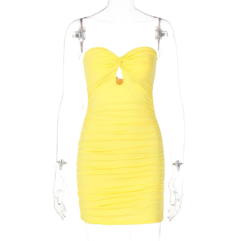Women Strapless Mini Dress Summer Hollowing Out Sexy Dress Yellow Party Skirt Y2K Streetwear Female Night Club Lace-up Gown 250320