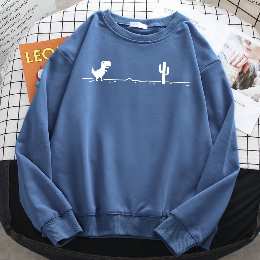 Winter Simple Womens Pullovers Mosaic Game Cactus Little Dinosaur Print Hoodie Fleece Soft Sweatshirts Loose Crewneck Clothes 250320