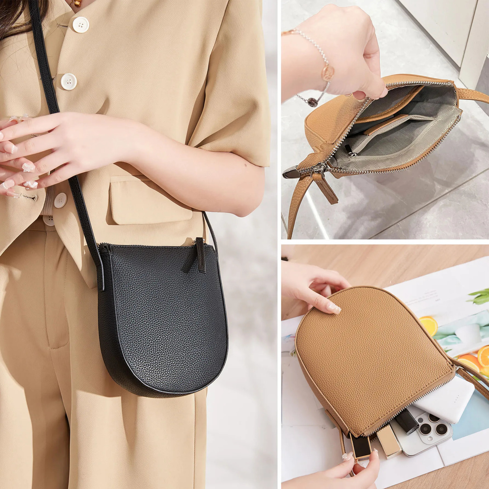 Classic minimalist solid color womens crossbody bag fashionable three-dimensional zipper single shoulder bagPUleather phone bag 250314