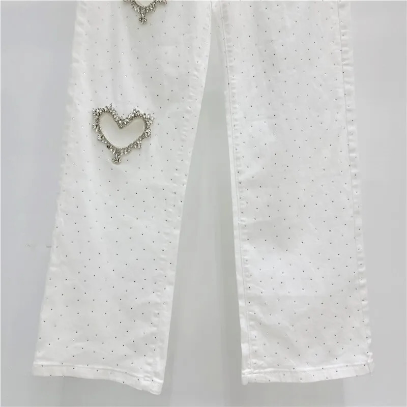 WTHT Fashion Womens Diamonds Heart Hollow Out Straight Jeans Winter High Waist Solid Color Denim Pants Female 1LS610 250320