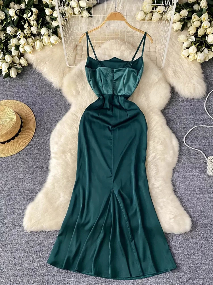 SINGREENY Evening Party Premium Ultra Thin Dress for Womens spaghetti Strap Zipper Free Sleeveless Body Latest Satin Long 250320