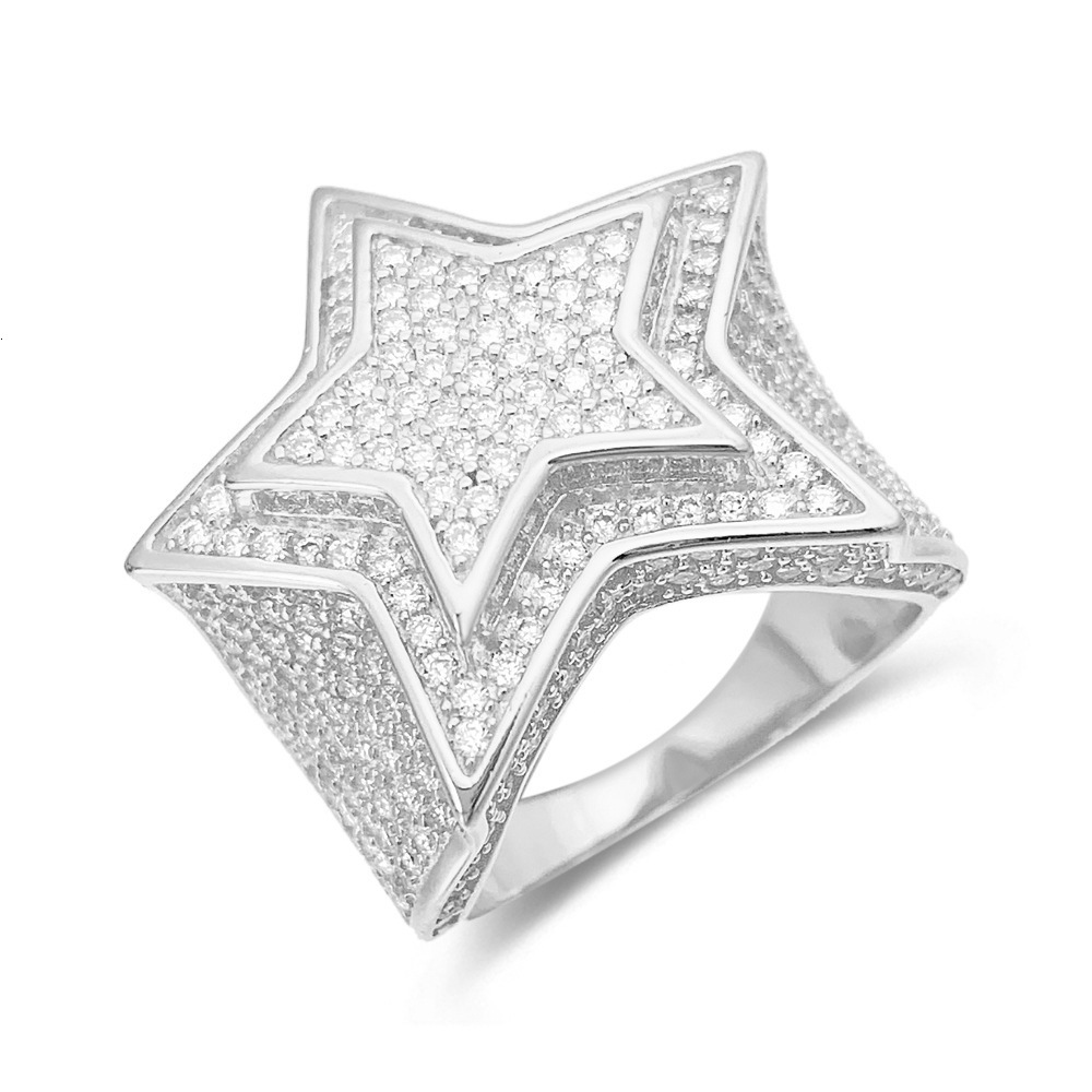Hip hop S925 silver set D-color VVS Mozambique pentagram ring for men and women in Ins fashion trend full diamond