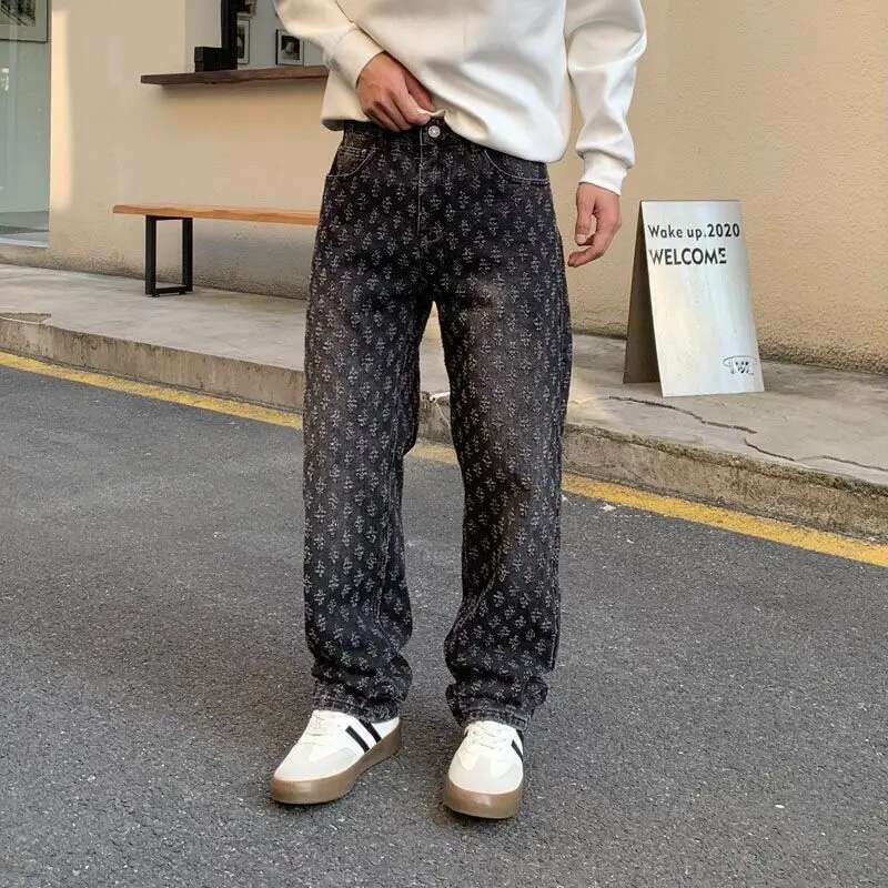 Designer Jeans 2025 New Blue Personalized Men's Jacquard Pattern Retro Fashion Emed Street Wear Jeans Pants Loose Casual Straight Leg Pants Men&#