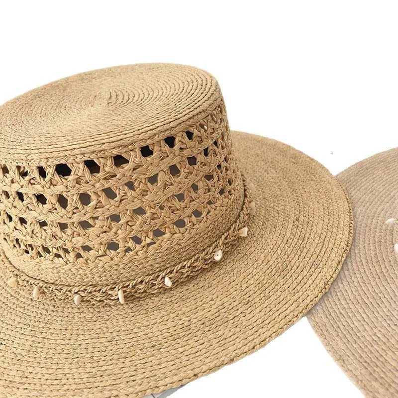 hollow flat top natural Rafia grass hat for women summer French SunHat beach Sunhade beach hat 250320