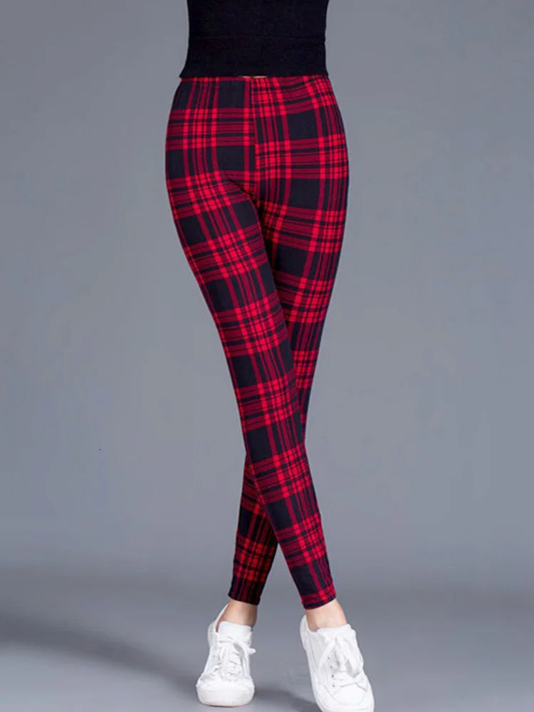 CUHAKCI Fashion Plaid Printing Legging Womens Sexy Fitness Leggins Grid Flower Stripes Trouser High Waist Pencil Pants 250320