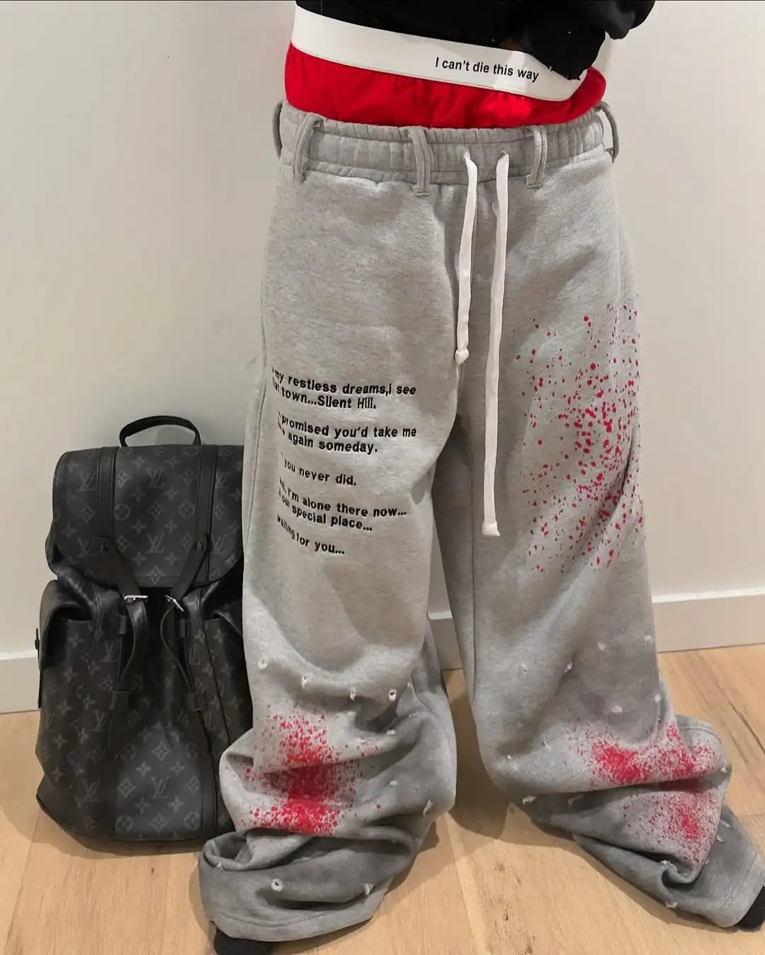 American Gothic Old Inkjet Painted Letter Printing Double Layer Sports Casual Pants Mens Loose Hip-hop Rap Street Trendy Pants 250320