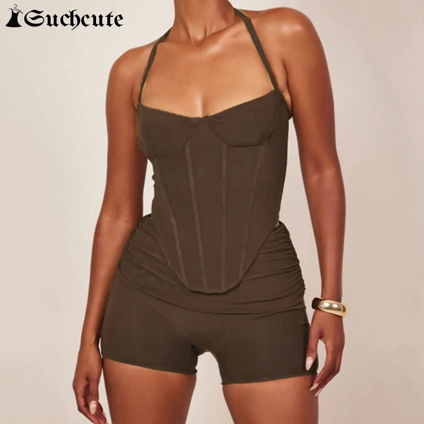 SUCHCUTE Two Piece Set Lace Up Halter Backless Fishbone Corset Crop Top Shorts Fashion Clubwear Women Streetwear Suit 250320