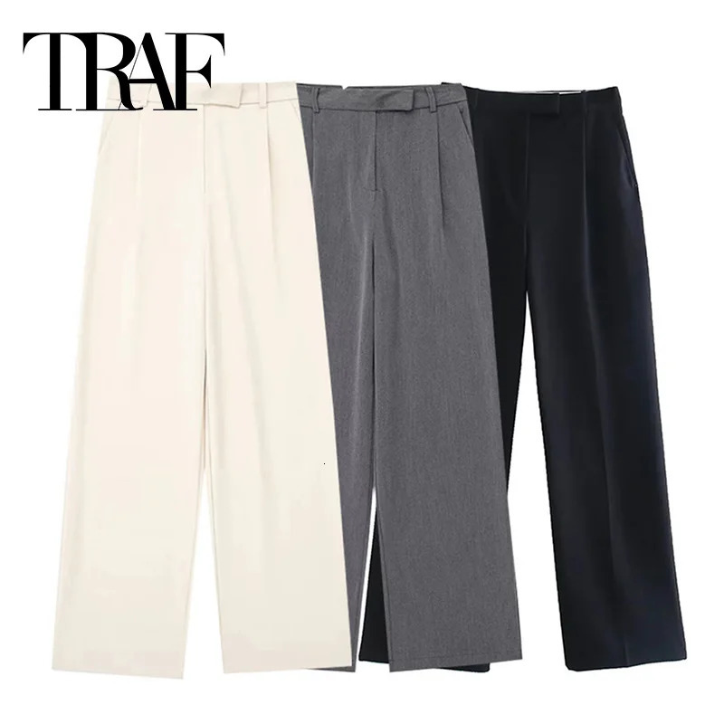 TRAF 2024 Womens Pants Beige Grey Black Wide Leg High Waist Pocket Fashion Summer Office 250320