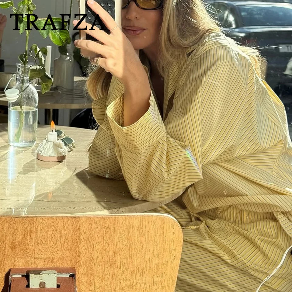 TRAFZA 2025 Spring Summer Casual Poplin Striped Women Suits Fashion Vintage Turn Down Collar Loose Shirts Chic Drawstring Pants 250320
