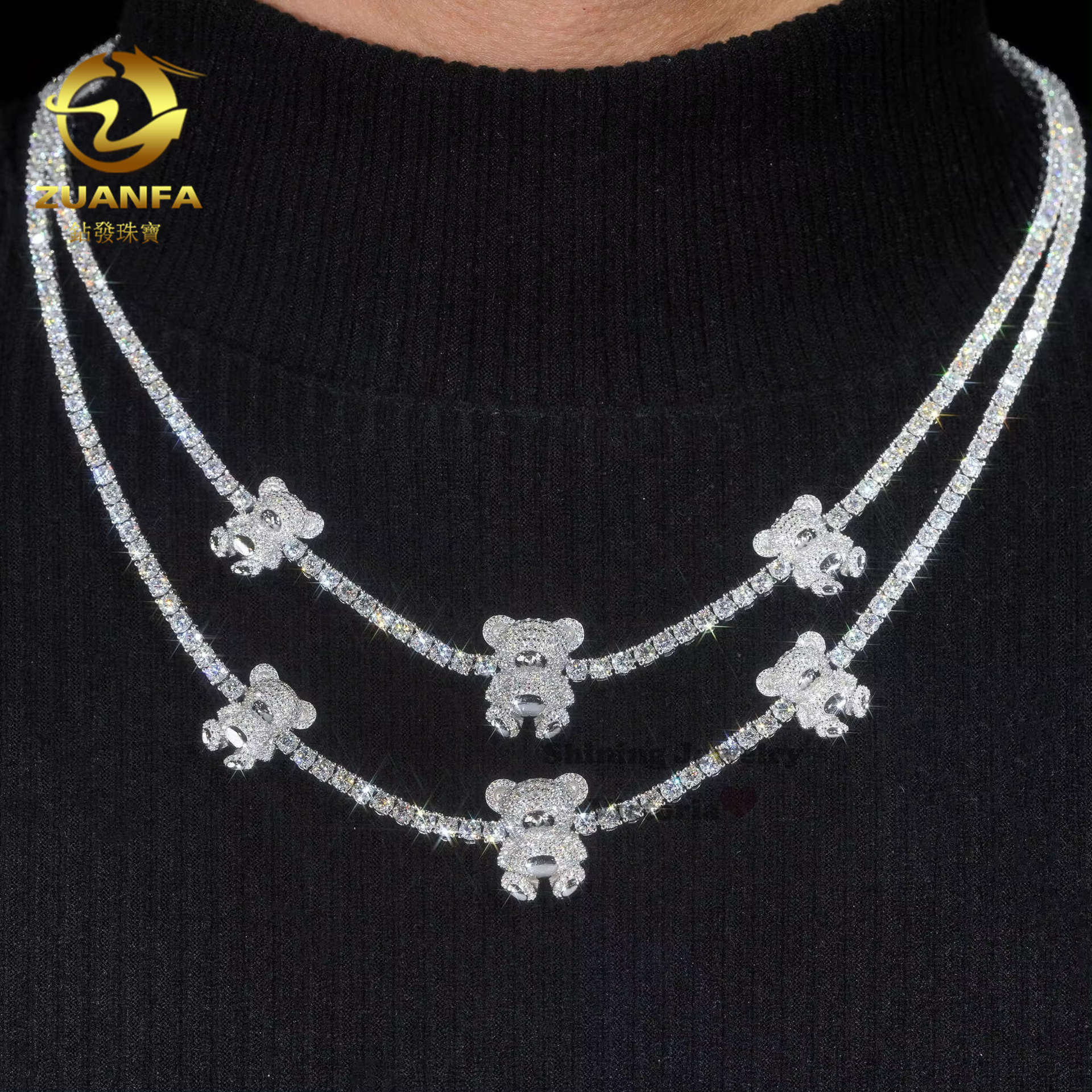 Diamond Hair New 925 Silver Moissanite Tennis Chain Main Stone 3mm Bear Hip Hop Necklace HipHop