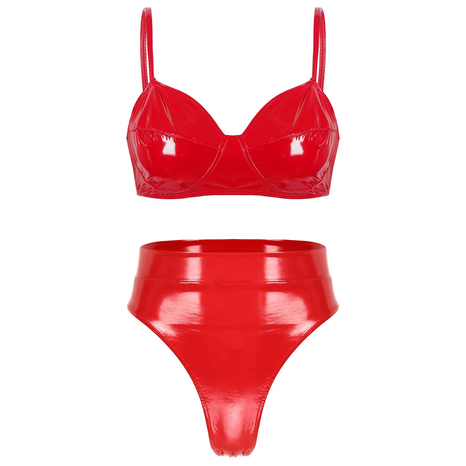 Womens Lingerie Intimates Underwear Set Rave Wet Look Patent Leather Wire-free No Padded Belly Bra Top with High Waist Briefs 250320