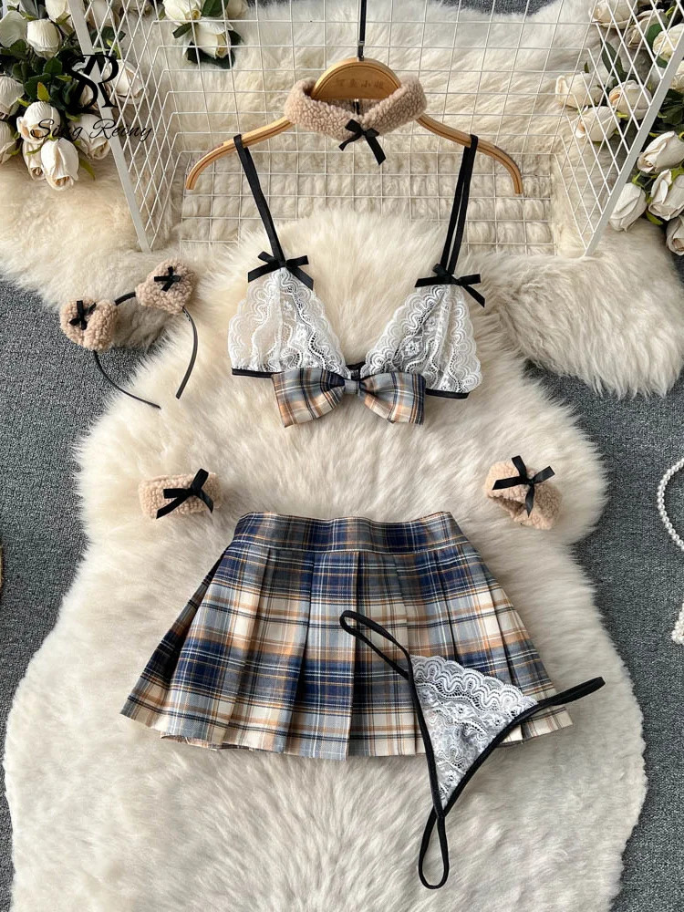 SINGREINY Summer Sexy Bra Brief Two Pieces Sets Lace Bow Strap Camis Pleated Short Skirt Bra Suits Women Thin Underwear 250320
