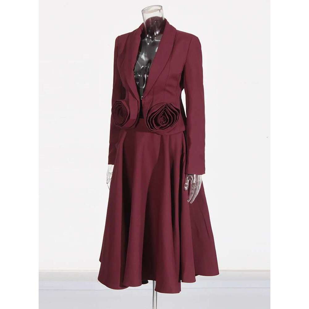 Solid Bury Two Piece For Women Lapel Long Sleeve Spliced Appliques Coats High Waist A E Skirt Set Female