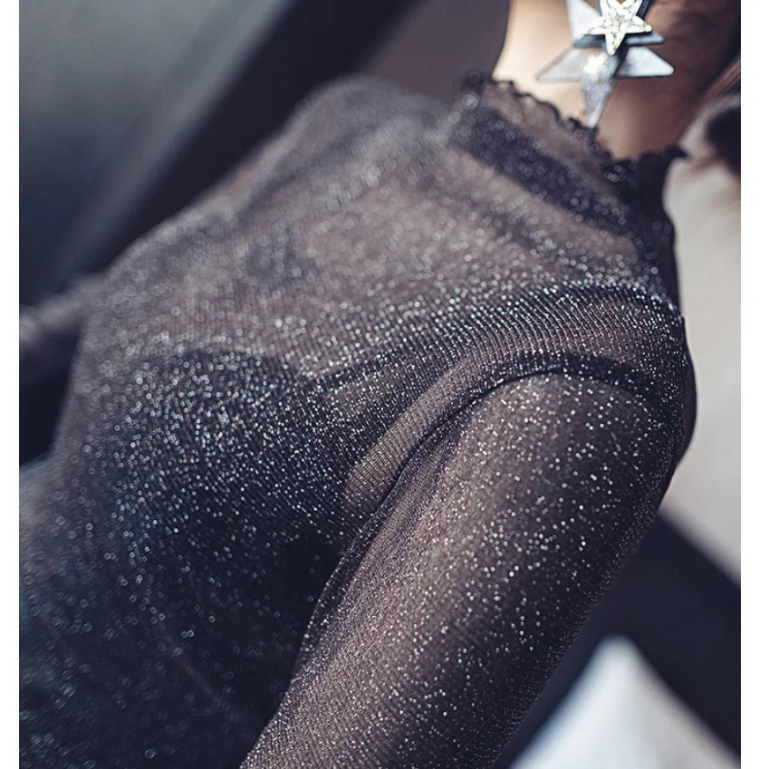 American spicy girl sees through Tshirt and sweet womens lace cover high neck long sleeved top Y2K streetwear sexy club 250311